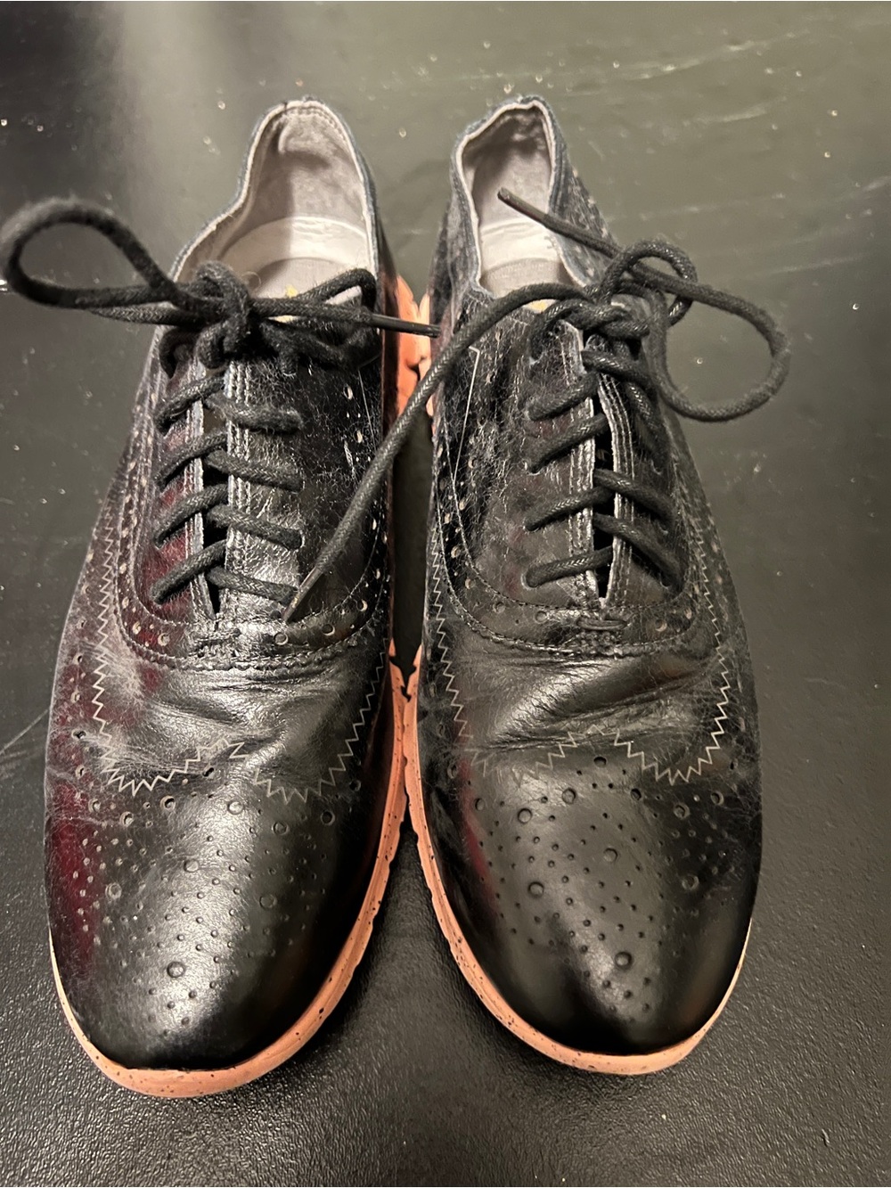 Cole Haan Black Leather Wingtip Oxfords with Pink Outsole